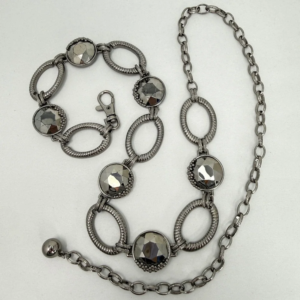 Gunmetal Chain‎ Link Belt with Large Faceted Grey Crystals and Textured Ovals